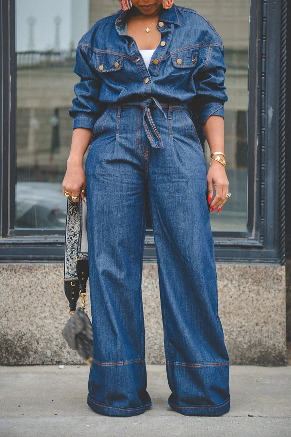 Stylish Stitched Wide-leg Denim Jumpsuit