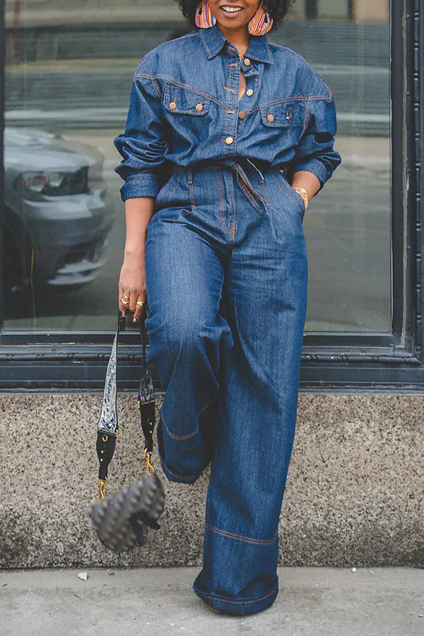 Stylish Stitched Wide-leg Denim Jumpsuit
