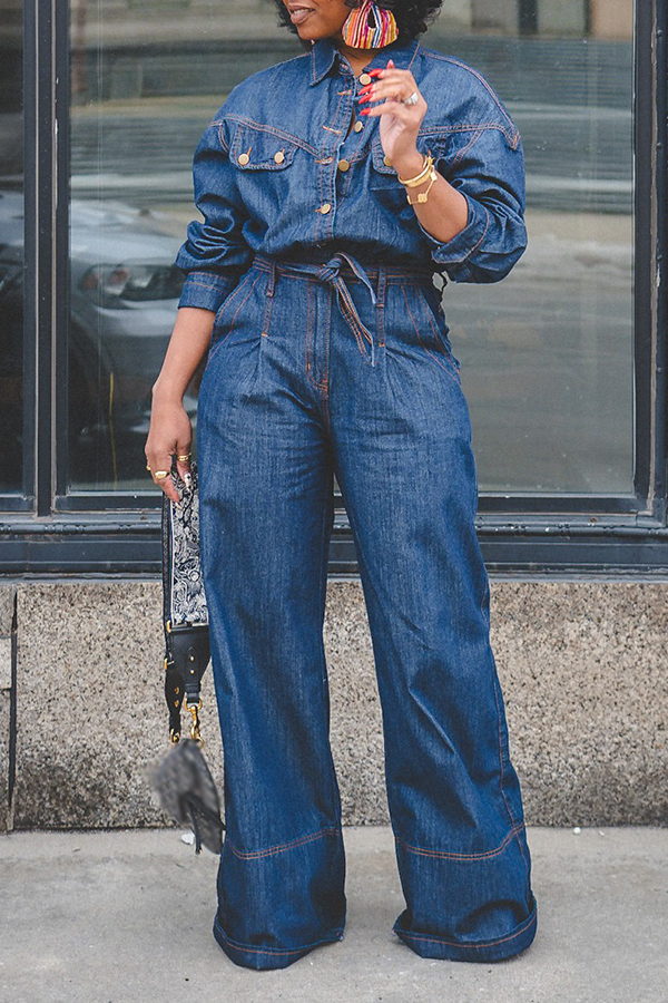 Stylish Stitched Wide-leg Denim Jumpsuit