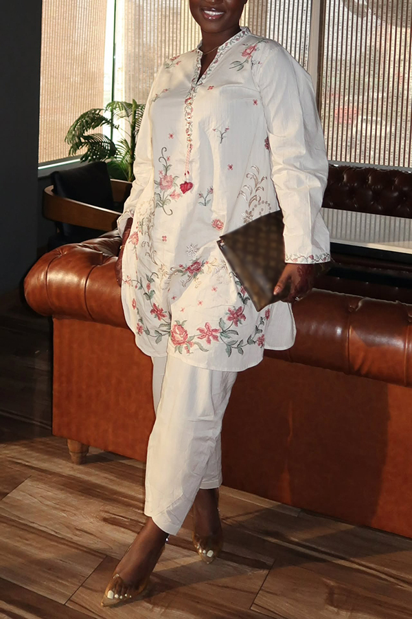 Chic Floral Embroidered Top & Pants Set