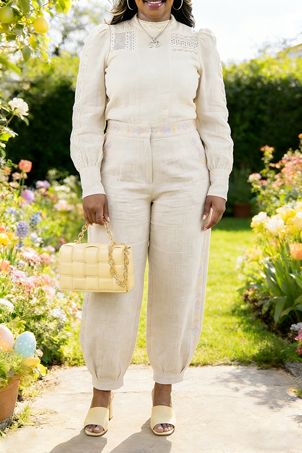 Stylish Lace Trimmed Puff-sleeved Linen Shirt