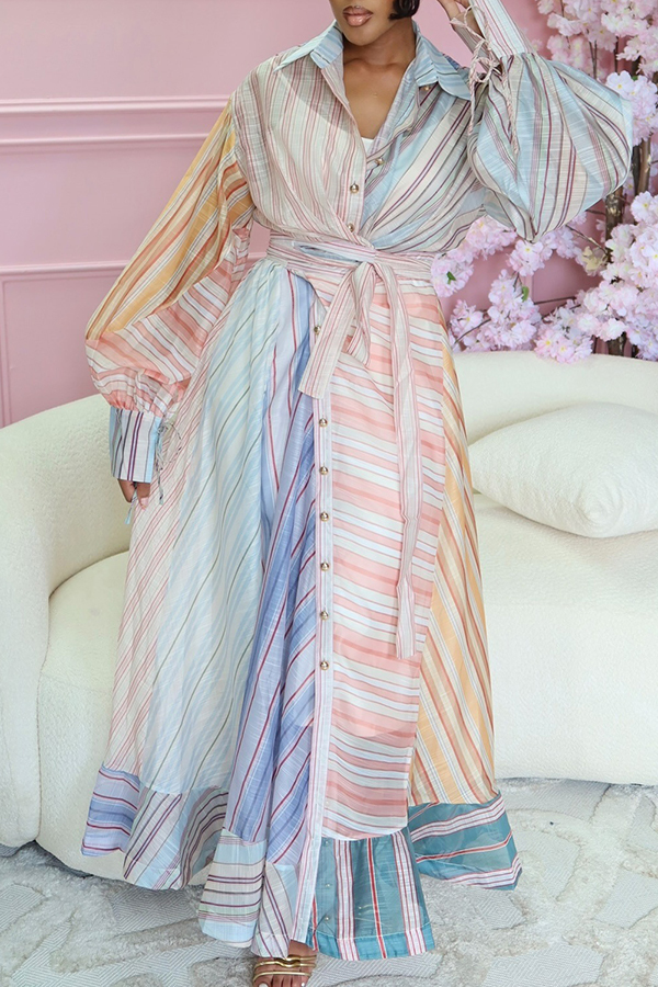 Colorful Striped Ruffle Shirt Maxi Dress