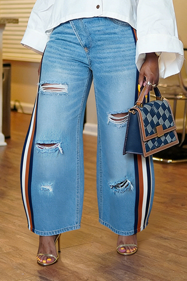 Stylish Striped Distressed Barrel Jeans