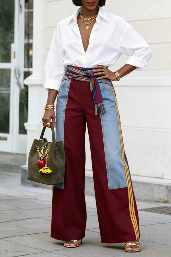 Stylish Denim Patchwork Striped Wide Leg Pants