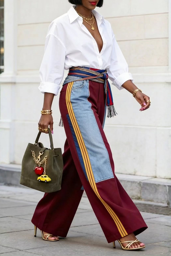 Stylish Denim Patchwork Striped Wide Leg Pants