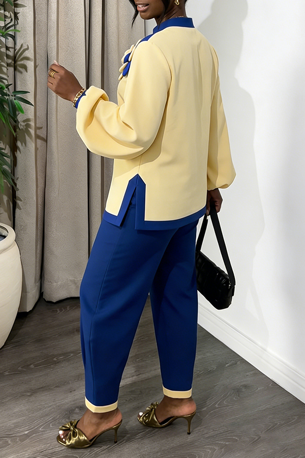 Stylish Colorblock 3D Flower Top & Barrel Pants Set