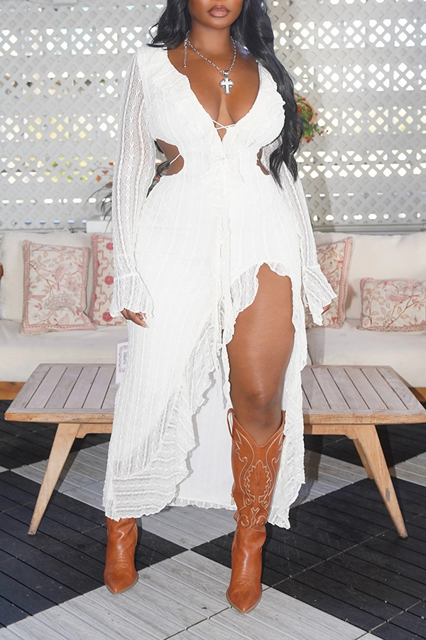 Stylish Ruffled High-slit Cutout Lace Dress