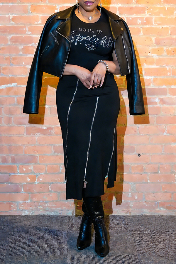 Stylish Fitted Multi-zipper Midi Skirt