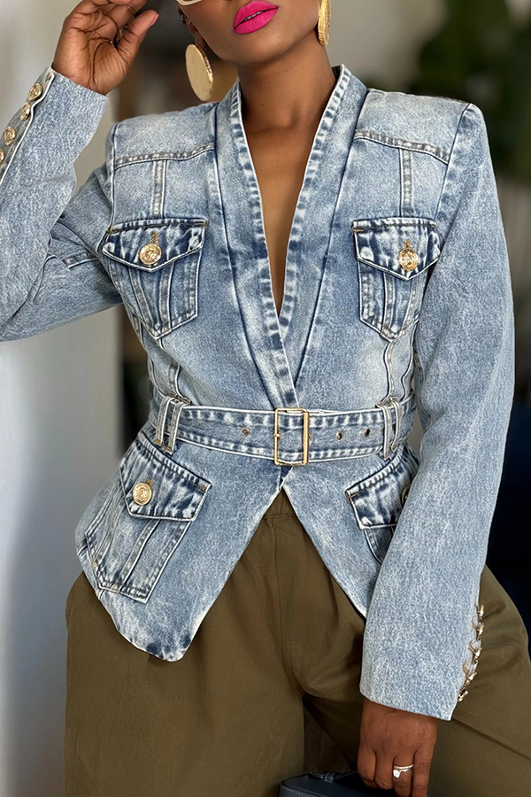 Stylish Metal Buckle Padded Shoulder Denim Blazer