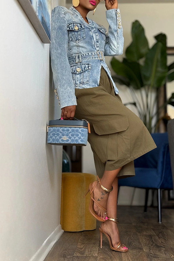 Stylish Metal Buckle Padded Shoulder Denim Blazer