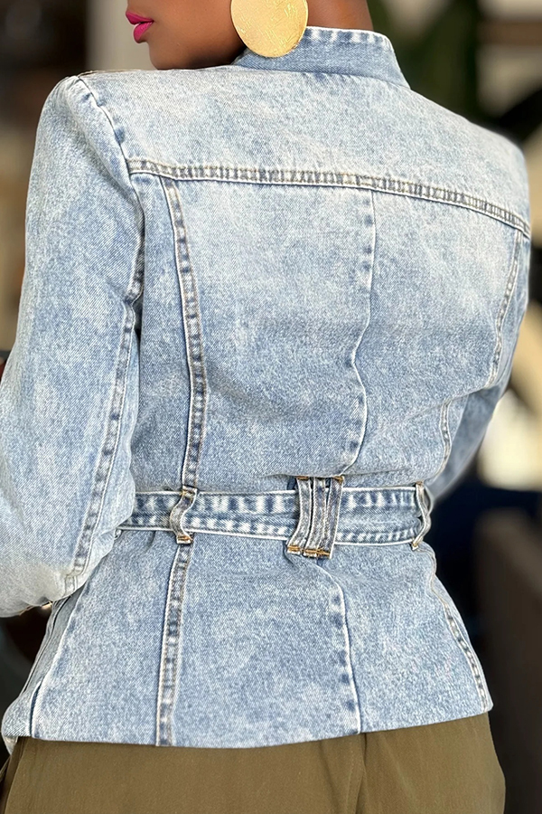 Stylish Metal Buckle Padded Shoulder Denim Blazer