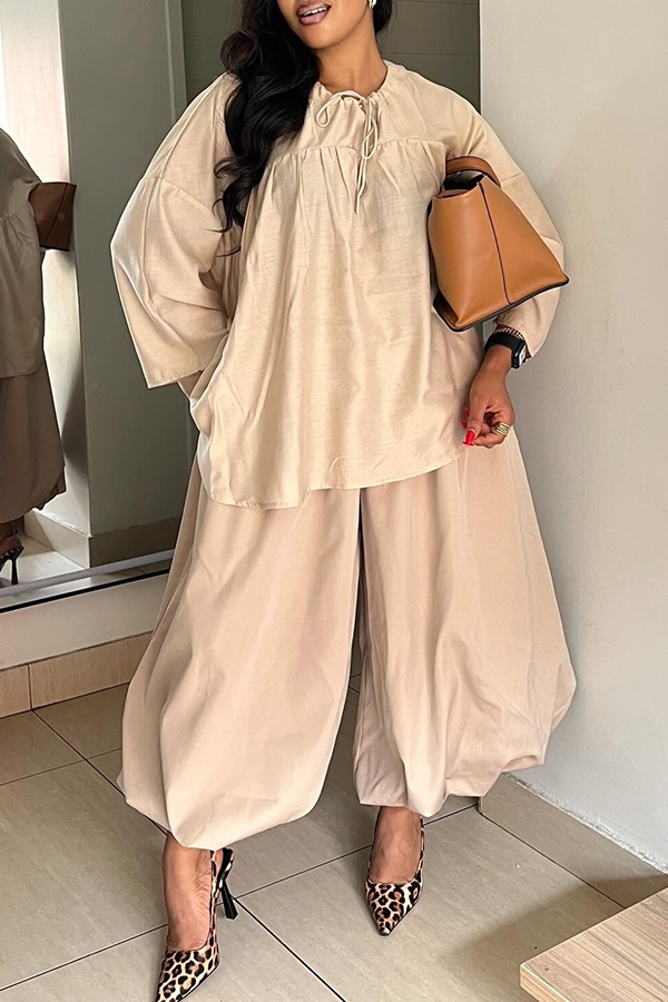 Casual Tie-front Shirt & Wide-leg Flower Bud Pants Set