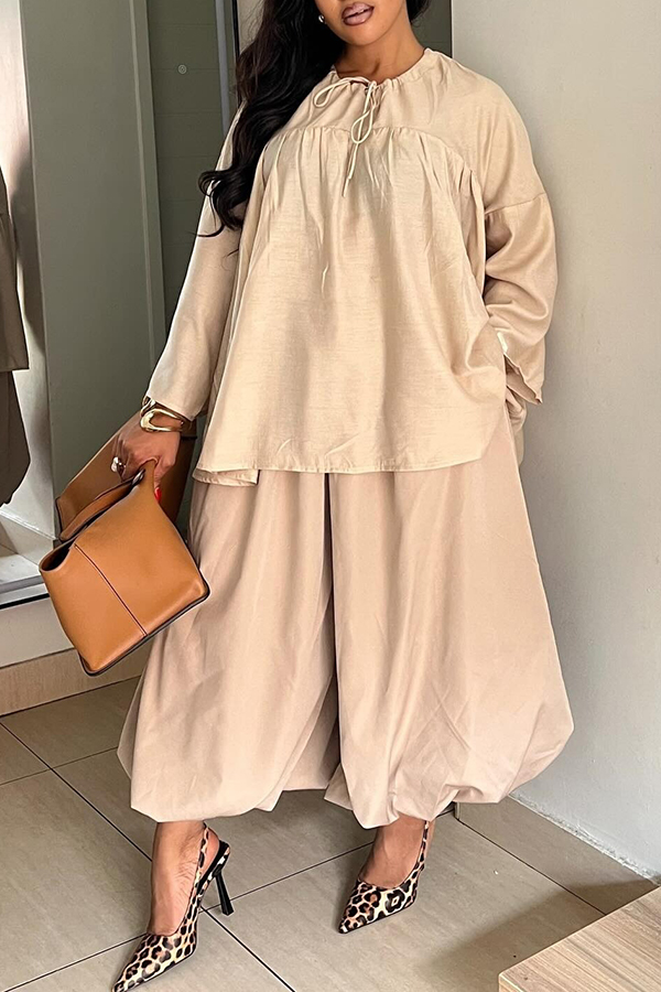 Casual Tie-front Shirt & Wide-leg Flower Bud Pants Set