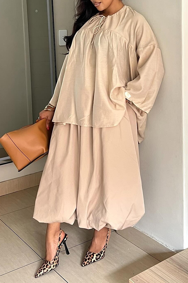 Casual Tie-front Shirt & Wide-leg Flower Bud Pants Set