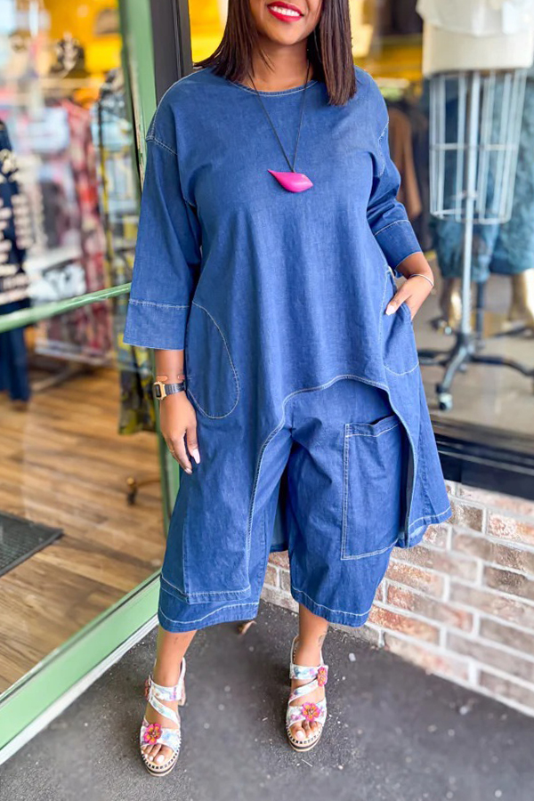 Stylish High-low Stitched Denim Top & Mid-length Jeans Set