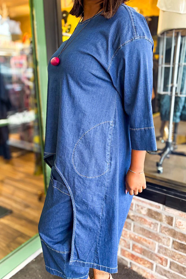 Stylish High-low Stitched Denim Top & Mid-length Jeans Set