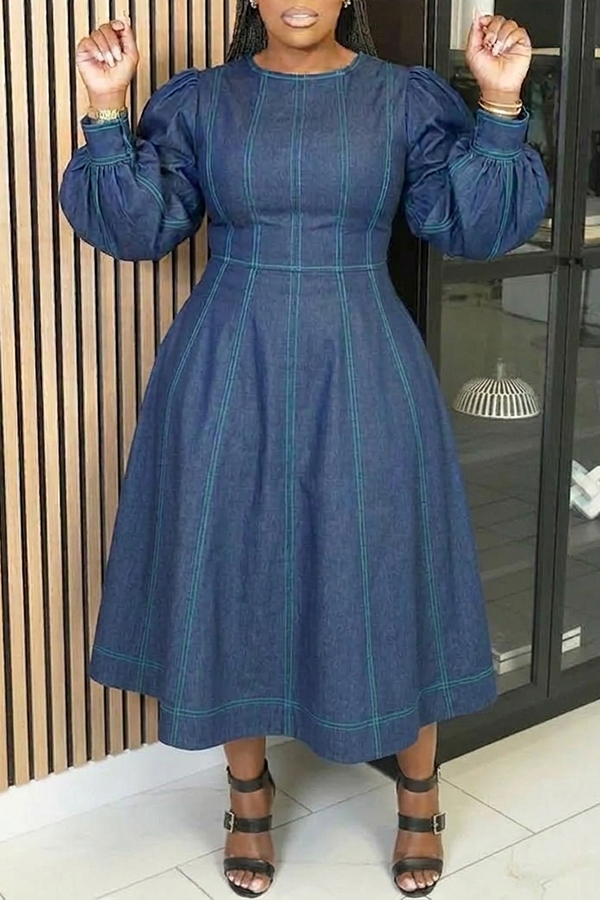 Stylish Lantern Sleeves Stitched Denim Dress