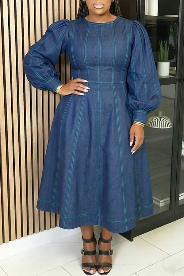 Stylish Lantern Sleeves Stitched Denim Dress