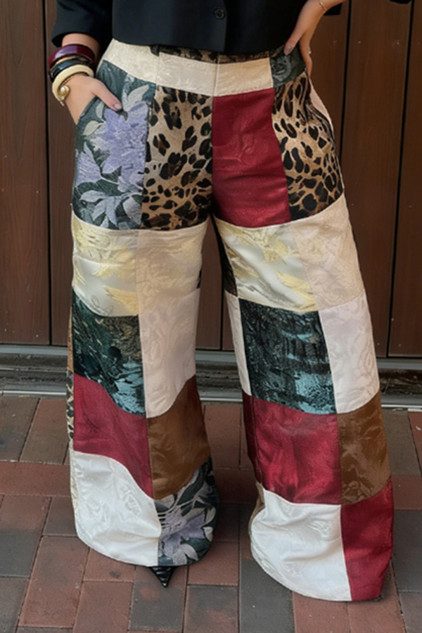 Chic Leopard Floral Patchwork Straight-leg Trousers