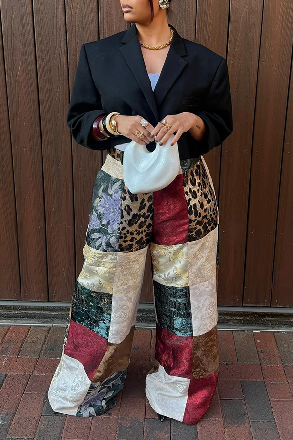 Chic Leopard Floral Patchwork Straight-leg Trousers