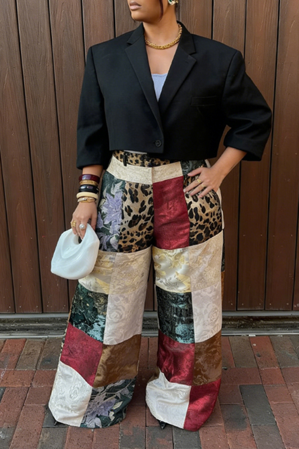 Chic Leopard Floral Patchwork Straight-leg Trousers