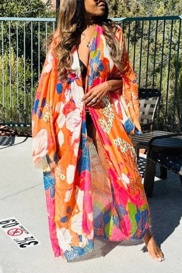 Colorful Floral Print Open Front Long Kimono