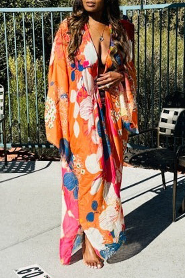 Colorful Floral Print Open Front Long Kimono
