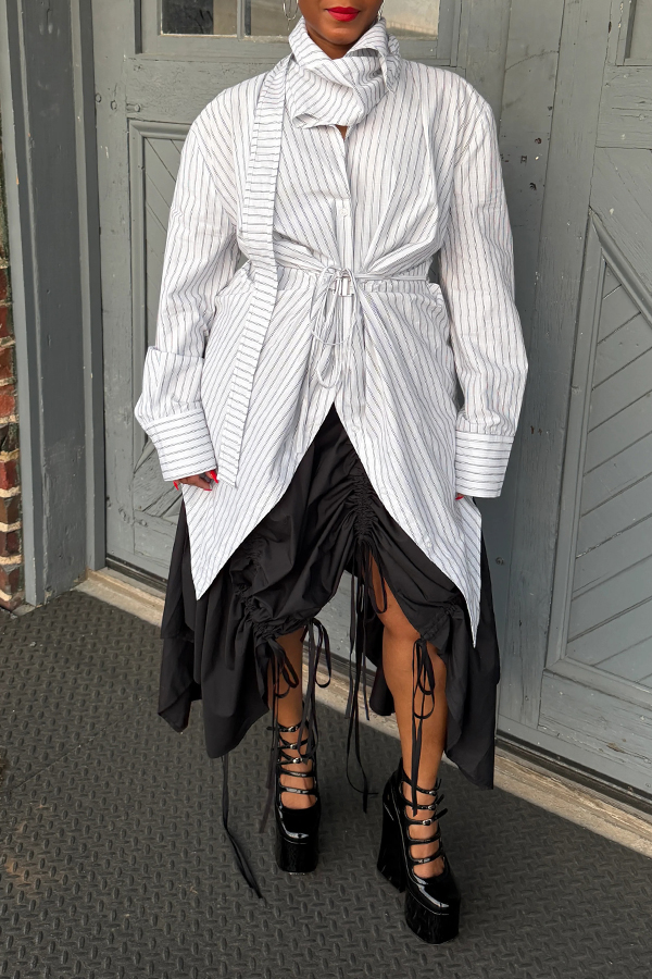 Stylish Asymmetrical Draped Scarf Pnstripe Tunic Shirt