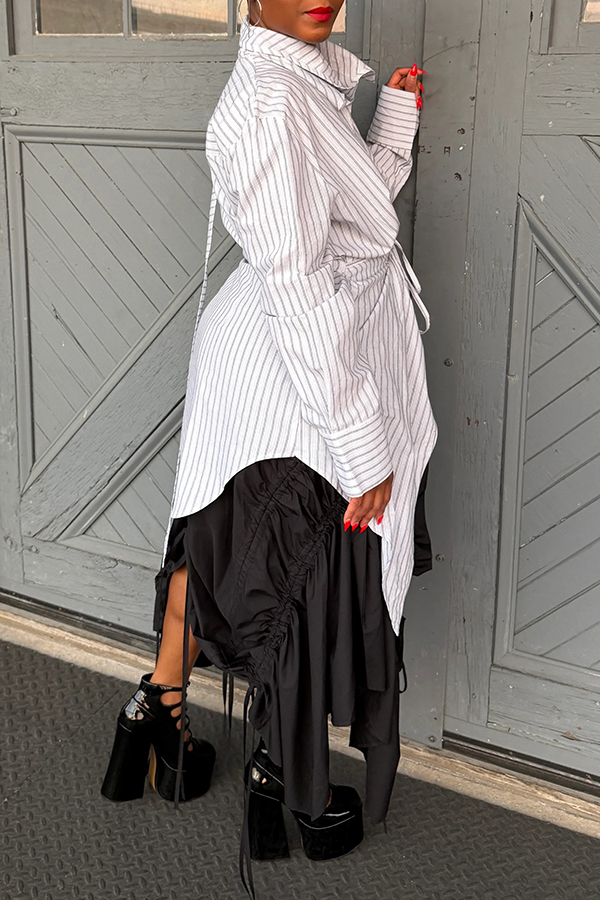Stylish Asymmetrical Draped Scarf Pnstripe Tunic Shirt