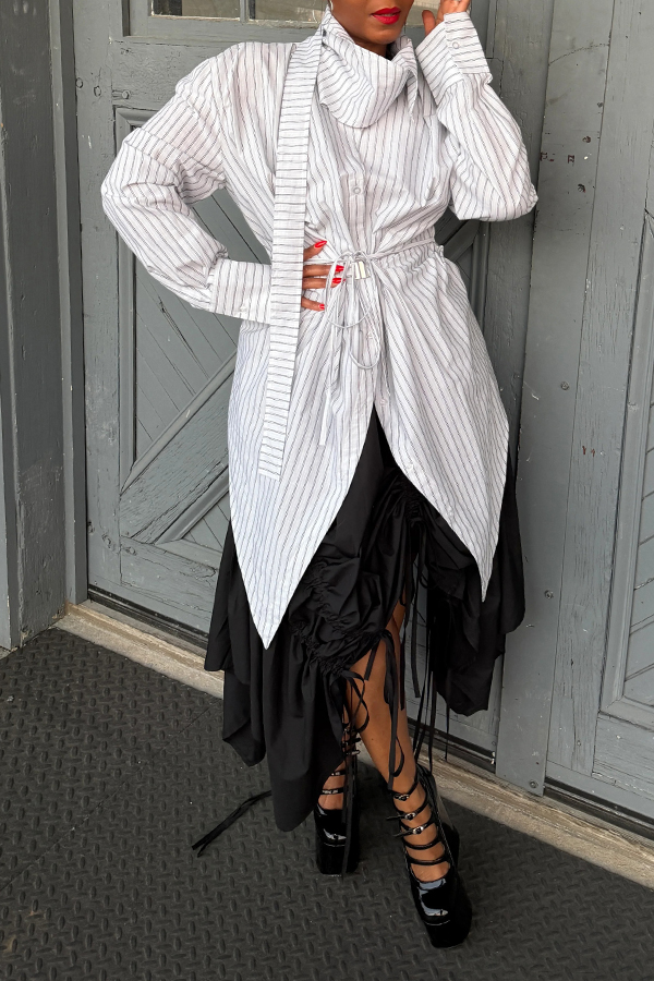 Stylish Asymmetrical Draped Scarf Pnstripe Tunic Shirt