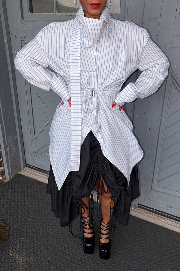 Stylish Asymmetrical Draped Scarf Pnstripe Tunic Shirt