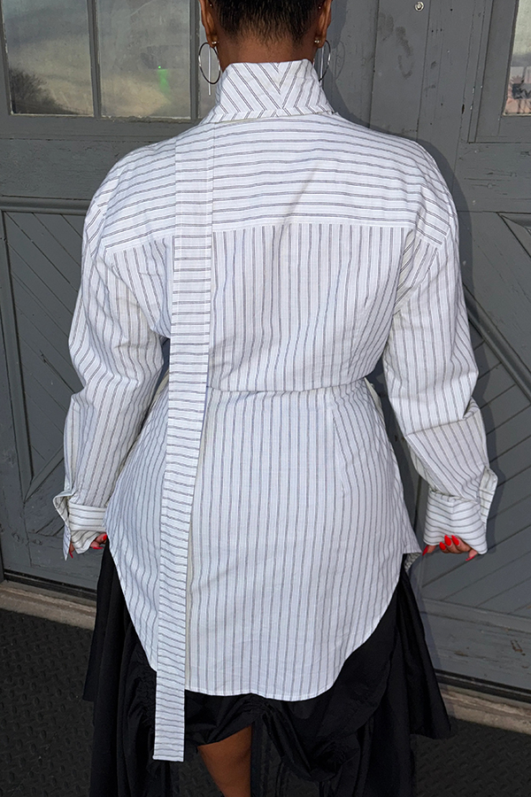 Stylish Asymmetrical Draped Scarf Pnstripe Tunic Shirt
