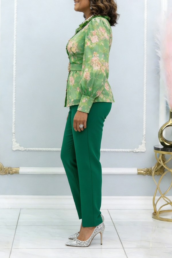 Stylish Floral Print Ruffle Belted Top