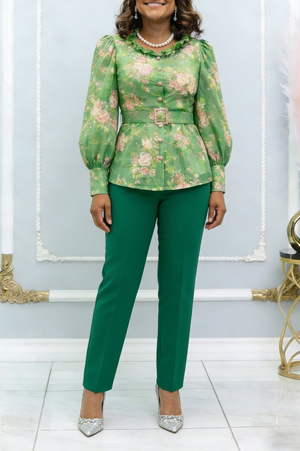 Stylish Floral Print Ruffle Belted Top