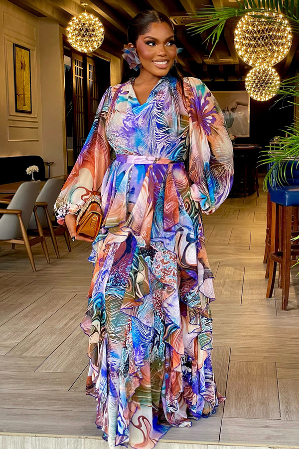 Resort Wrinkle-resistant Abstract Print Ruffle Maxi Dress