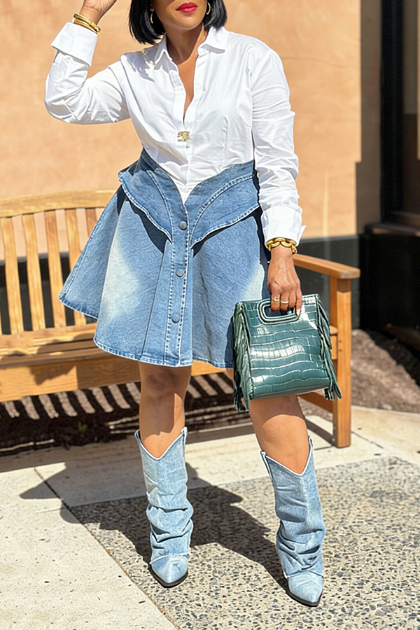 Stylish Denim Paneled Button Down Shirt Dress
