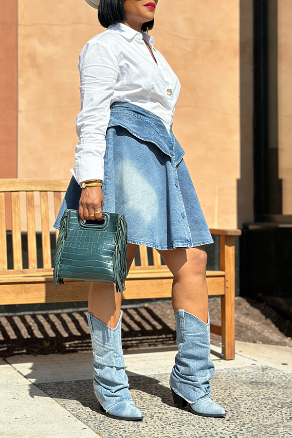 Stylish Denim Paneled Button Down Shirt Dress
