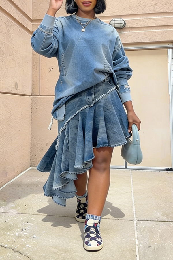 Stylish Denim Pullover & Asymmetrical Ruffled Skirt Set