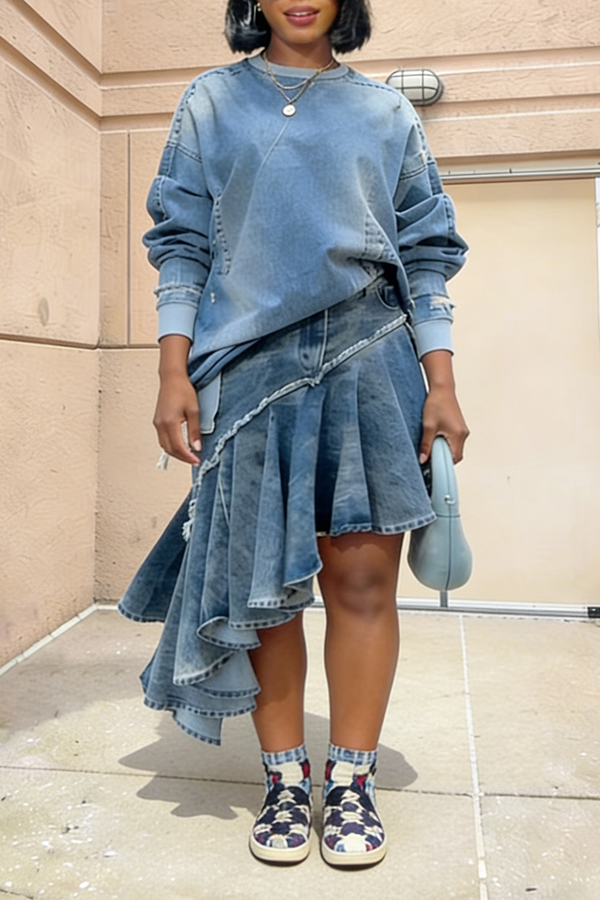 Stylish Denim Pullover & Asymmetrical Ruffled Skirt Set
