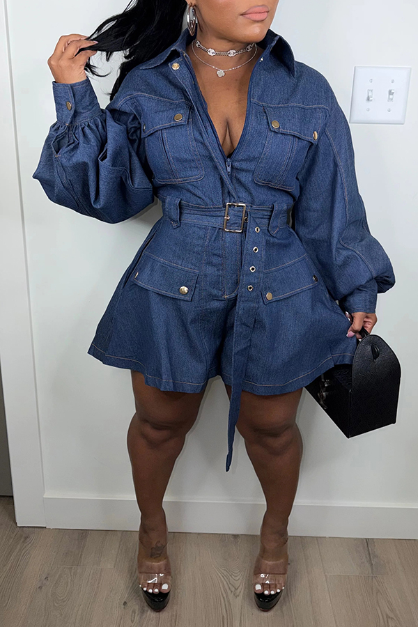 Stylish Lantern Sleeve Stretch Denim Romper