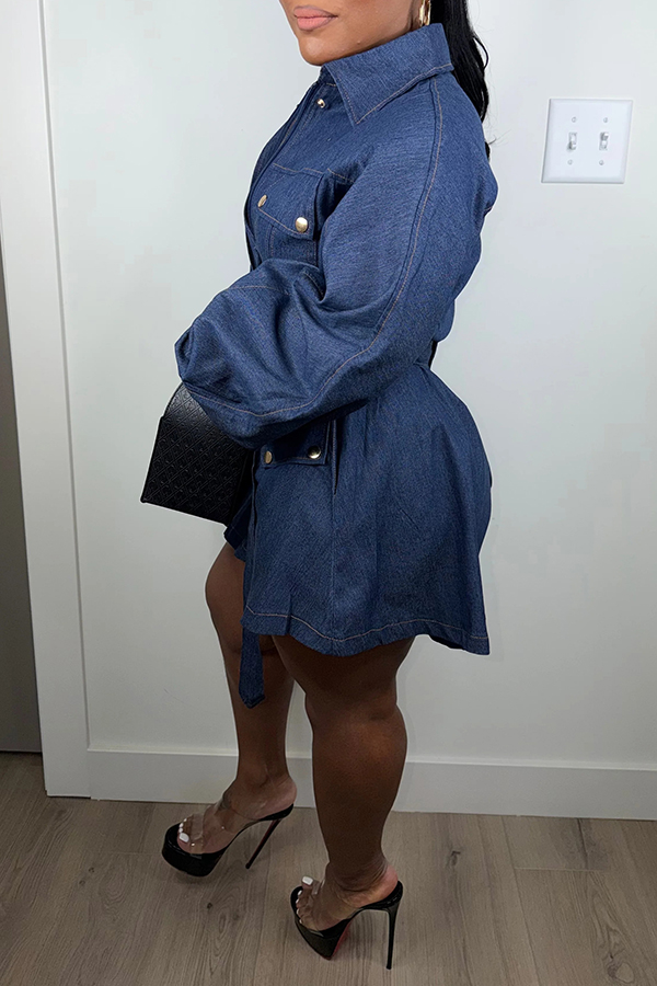 Stylish Lantern Sleeve Stretch Denim Romper