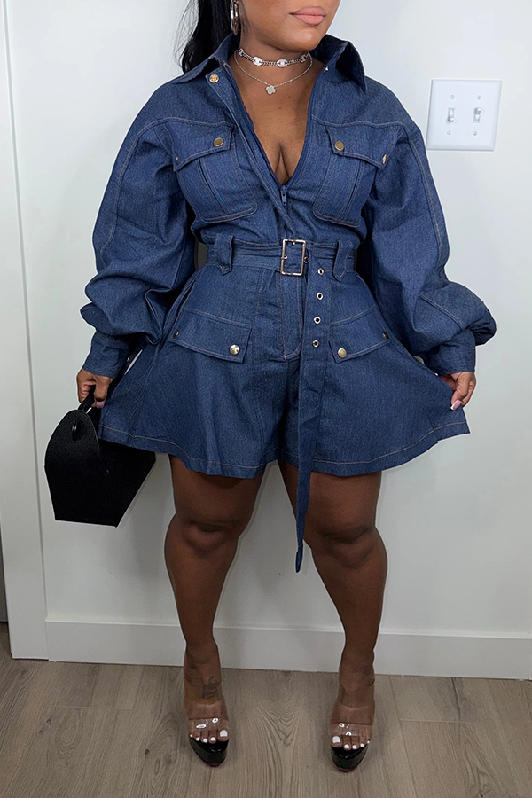 Stylish Lantern Sleeve Stretch Denim Romper