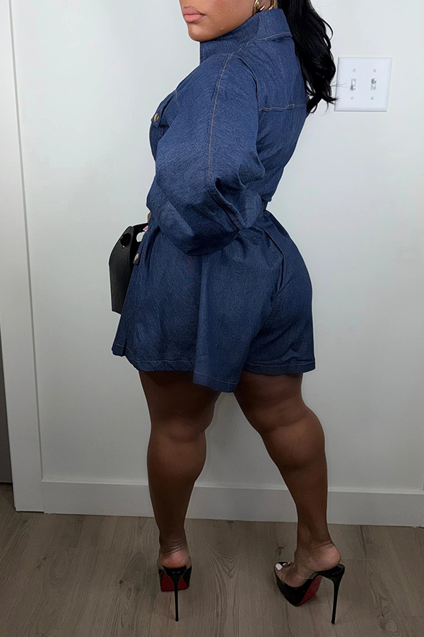 Stylish Lantern Sleeve Stretch Denim Romper