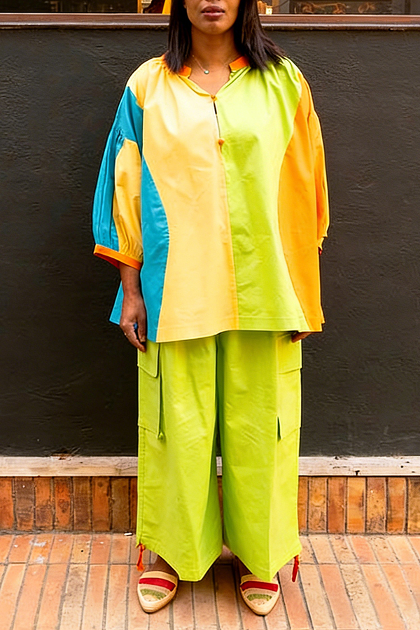 Casual Colorblock Shirt & Wide Leg Cargo Pants Set