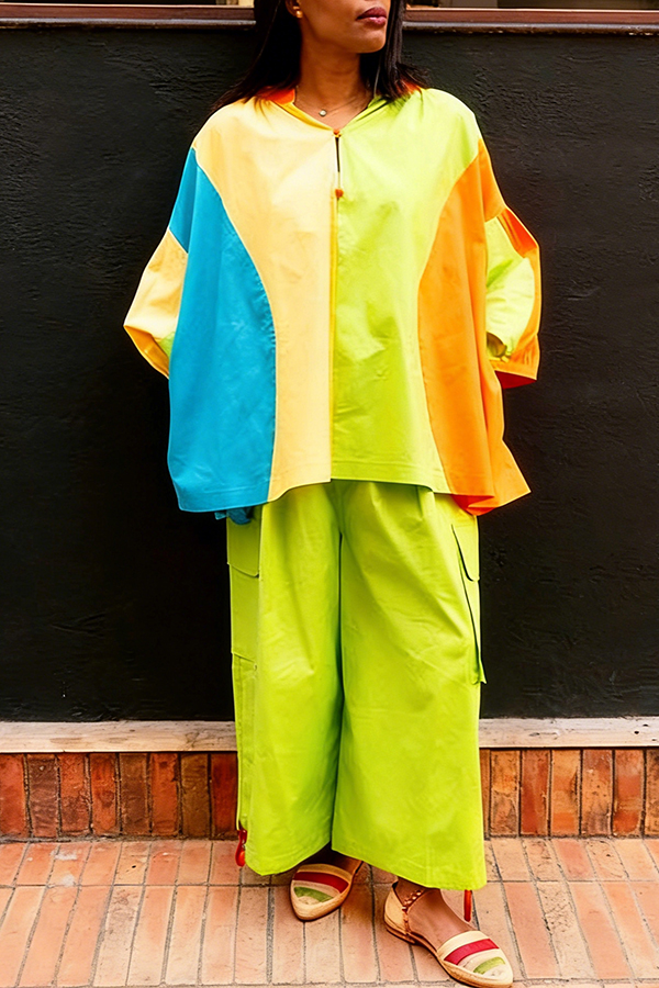 Casual Colorblock Shirt & Wide Leg Cargo Pants Set