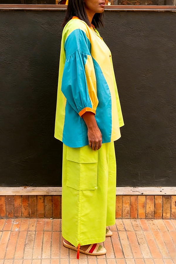 Casual Colorblock Shirt & Wide Leg Cargo Pants Set