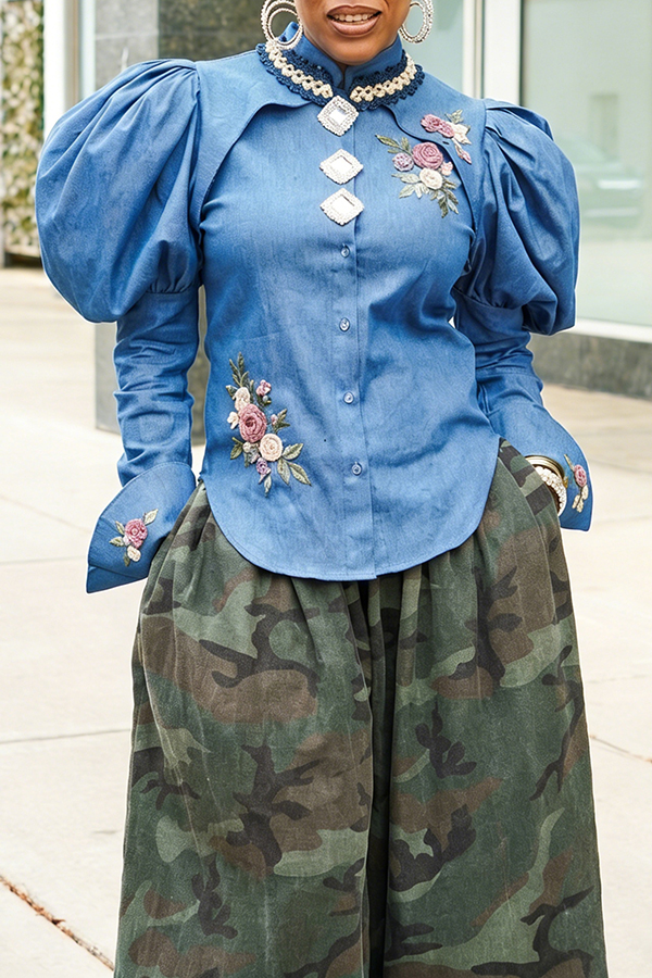 Stylish Embroidered Pleated Puff Sleeve Shirt