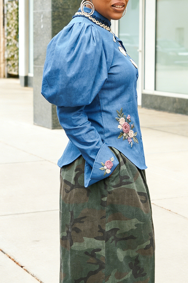 Stylish Embroidered Pleated Puff Sleeve Shirt