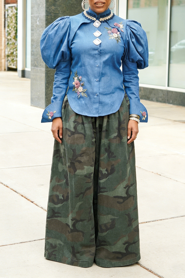 Stylish Embroidered Pleated Puff Sleeve Shirt