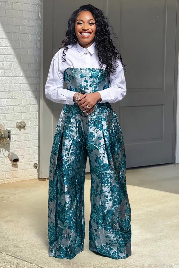 Elegant Strapless Jacquard Wide Leg Jumpsuit